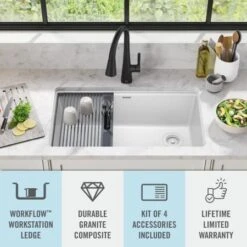 Delta Everest 32” Workstation Kitchen Sink Undermount Granite Composite Single Bowl With WorkFlow Ledge And Accessories -Bathroom Sales Store 75b933 33s wh infographic