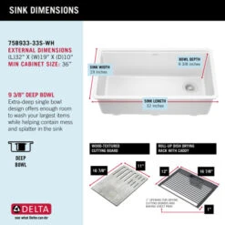 Delta Everest 32” Workstation Kitchen Sink Undermount Granite Composite Single Bowl With WorkFlow Ledge And Accessories -Bathroom Sales Store 75b933 33s wh infographic2