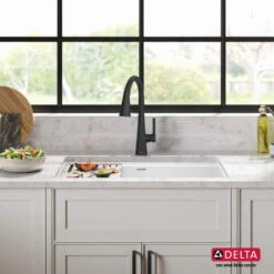 Delta Everest 32” Workstation Kitchen Sink Undermount Granite Composite Single Bowl With WorkFlow Ledge And Accessories -Bathroom Sales Store 75b933 33s wh with faucet