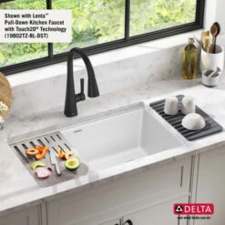 Delta Everest 32” Workstation Kitchen Sink Undermount Granite Composite Single Bowl With WorkFlow Ledge And Accessories -Bathroom Sales Store 75b933 33s wh with faucet2