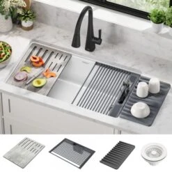 Delta Everest 32” Workstation Kitchen Sink Undermount Granite Composite Single Bowl With WorkFlow Ledge And Accessories -Bathroom Sales Store 75b933 33s wh with faucet3