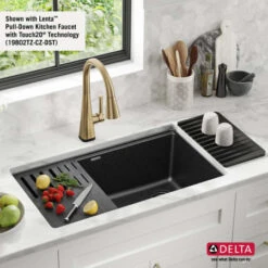 Delta Everest 32” Workstation Kitchen Sink Undermount Granite Composite Single Bowl With WorkFlow Ledge And Accessories -Bathroom Sales Store 75b933 33s wh with faucet4