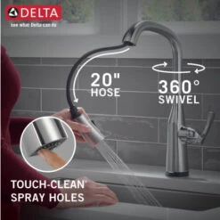 Delta Stryke 1.8 GPM Pull-Down Kitchen Faucet With On/Off Touch Activation And Magnetic Docking Spray Head -Bathroom Sales Store 9176t ar pr dst infographic