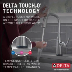 Delta Stryke 1.8 GPM Pull-Down Kitchen Faucet With On/Off Touch Activation And Magnetic Docking Spray Head -Bathroom Sales Store 9176t ar pr dst infographic1