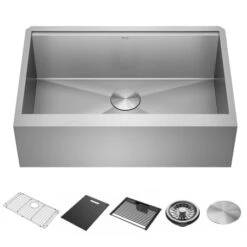 Delta Rivet 33” Workstation Farmhouse Apron Front Kitchen Sink Undermount 16 Gauge Stainless Steel Single Bowl With WorkFlow Ledge And Accessories