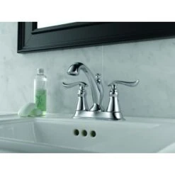 Delta Linden Centerset Bathroom Faucet With Diamond Seal Technology - Includes Plastic Pop-Up Drain And Lifetime Warranty -Bathroom Sales Store delta 2594 tp dst application shot 532