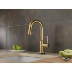 Delta Trinsic Pull-Down Bar/Prep Faucet With On/Off Touch Activation, Magnetic Docking Spray Head, And Optional Base Plate - Includes Lifetime Warranty (5 Year On Electronic Parts) -Bathroom Sales Store delta 9959t dst installed faucet in champagne bronze 1495