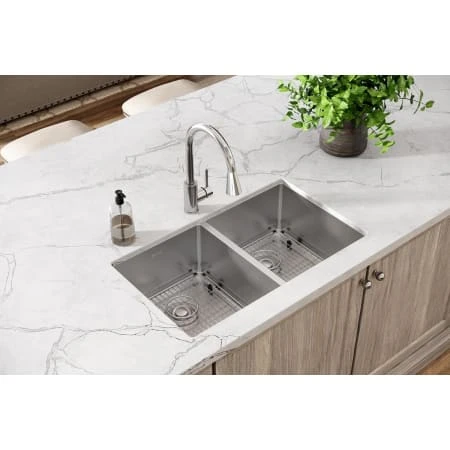 Crosstown 31-1/2" Undermount Double Basin Stainless Steel Kitchen Sink With Basin Rack And Basket Strainer 4 Crosstown 31-1/2" Undermount Double Basin Stainless Steel Kitchen Sink With Basin Rack And Basket Strainer - Image 2