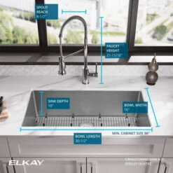 Crosstown 30-1/2" Undermount Single Basin Stainless Steel Kitchen Sink With Single Hole 1.8 GPM Kitchen Faucet, Basin Rack, And Basket Strainer -Bathroom Sales Store elkay efru311610tfc alternate view 970