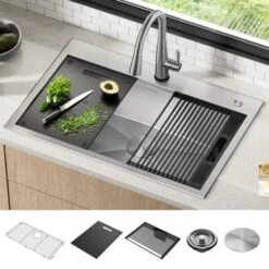 Delta Rivet 33” Workstation Kitchen Sink Top Mount Drop-In 16 Gauge Stainless Steel Single Bowl With WorkFlow Ledge And Accessories -Bathroom Sales Store fezwpimvooaq72qoe3fb