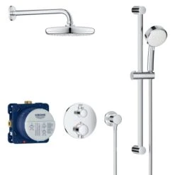 Grohe Grohtherm Thermostatic Shower System With Shower Head, Hand Shower, Slide Bar, Hose, And Valve Trim