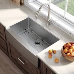 32-7/8" Single Basin 16 Gauge Stainless Steel Kitchen Sink For Farmhouse Installations With Apron Front - Basin Rack And Basket Strainer Included -Bathroom Sales Store khf200 33 03