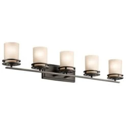 Hendrik 5 Light 43" Wide Vanity Light Bathroom Fixture With Satin Etched Glass Shades
