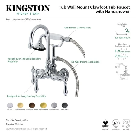 Aqua Vintage Wall Mounted Clawfoot Tub Filler With Built-In Diverter – Includes Hand Shower 14 Aqua Vintage Wall Mounted Clawfoot Tub Filler With Built-In Diverter – Includes Hand Shower - Image 12
