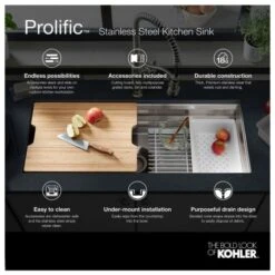 Prolific 23" Undermount Single Basin Stainless Steel Kitchen Sink With Basin Rack, Colander, And Cutting Board -Bathroom Sales Store kohler k 23650 alternate image 2183