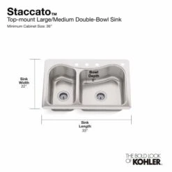 Staccato 33" Double Basin Drop In 18-Gauge Stainless Steel Kitchen Sink With SilentShield, Cutting Board, And Four Faucet Holes 21 Staccato 33" Double Basin Drop In 18-Gauge Stainless Steel Kitchen Sink With SilentShield, Cutting Board, And Four Faucet Holes -Bathroom Sales Store kohler k 3361 4 alternate image 2446