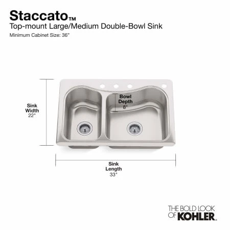 Staccato 33" Double Basin Drop In 18-Gauge Stainless Steel Kitchen Sink With SilentShield, Cutting Board, And Four Faucet Holes 12 Staccato 33" Double Basin Drop In 18-Gauge Stainless Steel Kitchen Sink With SilentShield, Cutting Board, And Four Faucet Holes - Image 10