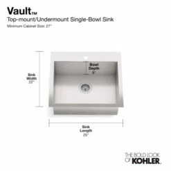 Vault 25" Single Basin Top-Mount/Under-Mount 18-Gauge Stainless Steel Kitchen Sink With SilentShield -Bathroom Sales Store kohler k 3822 1 alternate image 2456