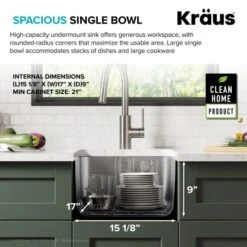 Dex 17" Undermount Single Bowl 16 Gauge Stainless Steel Kitchen Sink 20 Dex 17" Undermount Single Bowl 16 Gauge Stainless Steel Kitchen Sink -Bathroom Sales Store kraus ka1us17b alternate image 818
