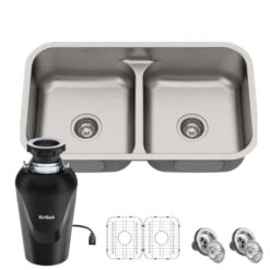 Premier Kitchen 32-1/4" Undermount Double Basin Stainless Steel Kitchen Sink With Basin Rack, Basket Strainer, And Garbage Disposal