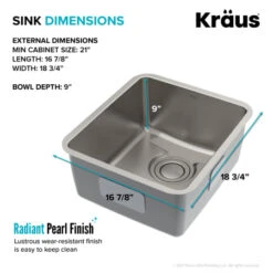 Dex 17" Single Basin 16 Gauge Stainless Steel Kitchen Sink For Undermount Installations With DrainAssure™, VersiDrain™, And NoiseDefend™ -Bathroom Sales Store kraus kd1us17 alternate image 1373