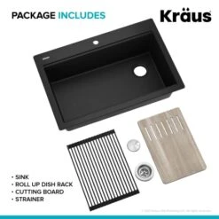Bellucci 33" Drop In Single Basin Granite Composite Kitchen Sink With Basket Strainer, Cutting Board, And Drain Board 28 Bellucci 33" Drop In Single Basin Granite Composite Kitchen Sink With Basket Strainer, Cutting Board, And Drain Board -Bathroom Sales Store kraus kgtw2 33 alternate image 1893