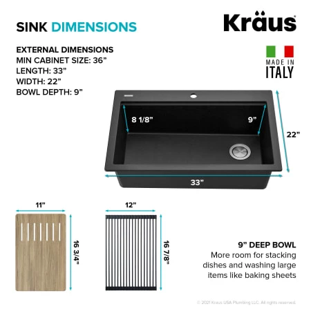 Bellucci 33" Drop In Single Basin Granite Composite Kitchen Sink With Basket Strainer, Cutting Board, And Drain Board 15 Bellucci 33" Drop In Single Basin Granite Composite Kitchen Sink With Basket Strainer, Cutting Board, And Drain Board - Image 13