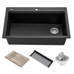 Bellucci 33" Drop In Single Basin Granite Composite Kitchen Sink With Basket Strainer, Cutting Board, And Drain Board