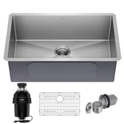 Standart PRO 30" Undermount Single Basin Stainless Steel Kitchen Sink With Basin Rack, Basket Strainer, Cutting Board, And Garbage Disposal