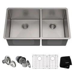 32-3/4" Double Basin 16 Gauge Stainless Steel Kitchen Sink For Undermount Installations With 60/40 Split - Basin Racks And Basket Strainers Included