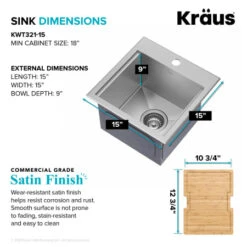 Kore 15" Drop In Single Basin Stainless Steel Bar Sink With Basket Strainer And Cutting Board -Bathroom Sales Store kraus kwt321 15 alternate image 311