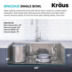Kore 30" Undermount Single Basin Stainless Steel Kitchen Sink With Basin Rack, Basket Strainer, Cutting Board, And Garbage Disposal -Bathroom Sales Store kraus kwu110 30 100 100 alternate image 311