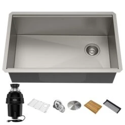 Kore 30" Undermount Single Basin Stainless Steel Kitchen Sink With Basin Rack, Basket Strainer, Cutting Board, And Garbage Disposal