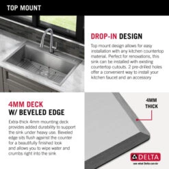 Delta Rivet 33” Workstation Kitchen Sink Top Mount Drop-In 16 Gauge Stainless Steel Single Bowl With WorkFlow Ledge And Accessories -Bathroom Sales Store li74ima1yna5eamqltd9