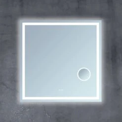 40" X 40" Square Frameless Bathroom Mirror With LED Lighting, Integrated Magnifying Mirror, And Digital Display Clock