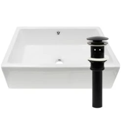 14-1/2" Rectangular Porcelain Vessel Bathroom Sink And Pop-Up Drain Assembly