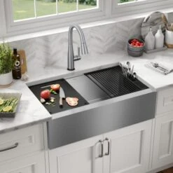 Delta Rivet 33” Workstation Farmhouse Apron Front Kitchen Sink Undermount 16 Gauge Stainless Steel Single Bowl With WorkFlow Ledge And Accessories -Bathroom Sales Store narb8qu1fz1dklvqvnbf