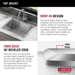 Delta Lorelai 25” Workstation Kitchen Sink Top Mount Drop-In 16 Gauge Stainless Steel Single Bowl With WorkFlow Ledge And Accessories -Bathroom Sales Store opjndz0602hxjpuc4d7c