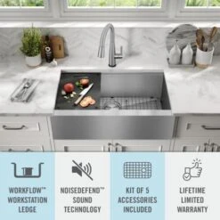 Delta Rivet 33” Workstation Farmhouse Apron Front Kitchen Sink Undermount 16 Gauge Stainless Steel Single Bowl With WorkFlow Ledge And Accessories -Bathroom Sales Store rhaqxmuizudfqp6x2a8l