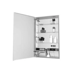 M Series 16" X 30" X 4" Flat Beveled Single Door Medicine Cabinet With Left Hinge, Integrated Outlets, Interior Light, Mirror Defogger And Nightlight