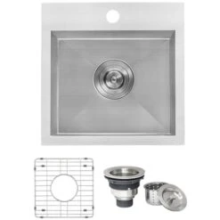 Tirana 15" Drop In Single Basin 16 Gauge Stainless Steel Bar Sink With Basin Rack And Basket Strainer