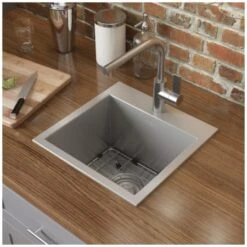 Tirana 15" Drop In Single Basin 16 Gauge Stainless Steel Bar Sink With Basin Rack And Basket Strainer -Bathroom Sales Store ruvati rvh8115 alternate image 983