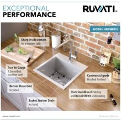 Tirana 15" Drop In Single Basin 16 Gauge Stainless Steel Bar Sink With Basin Rack And Basket Strainer -Bathroom Sales Store ruvati rvh8115 alternate image 987