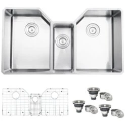 Gravena 35" Undermount Triple Basin 16 Gauge Stainless Steel Kitchen Sink With 3 Basin Racks And 3 Basket Strainers