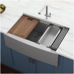 Verona 30" Farmhouse Single Basin 16 Gauge Stainless Steel Kitchen Sink With Cutting Board, Colander, Basket Strainer, And Sink Grid -Bathroom Sales Store ruvati rvh9100 alternate image 1317