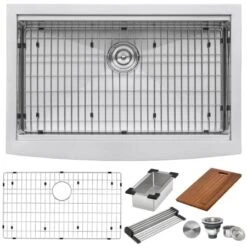 Verona 30" Farmhouse Single Basin 16 Gauge Stainless Steel Kitchen Sink With Cutting Board, Colander, Basket Strainer, And Sink Grid -Bathroom Sales Store ruvati rvh9100 alternate image 1318