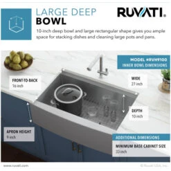 Verona 30" Farmhouse Single Basin 16 Gauge Stainless Steel Kitchen Sink With Cutting Board, Colander, Basket Strainer, And Sink Grid -Bathroom Sales Store ruvati rvh9100 alternate image 1320