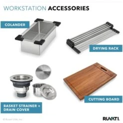 Verona 30" Farmhouse Single Basin 16 Gauge Stainless Steel Kitchen Sink With Cutting Board, Colander, Basket Strainer, And Sink Grid -Bathroom Sales Store ruvati rvh9100 alternate image 1322