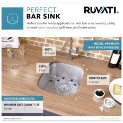 Parmi 15-3/4" Undermount Single Basin 16 Gauge Stainless Steel Kitchen Sink With Basin Rack And Basket Strainer -Bathroom Sales Store ruvati rvm4110 alternate image 1537