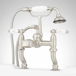 Glenwood Deck Mounted Roman Tub Filler With Variable Couplers- Includes Telephone Style Hand Shower -Bathroom Sales Store signature hardware 906537 angled view brushed nickel 17